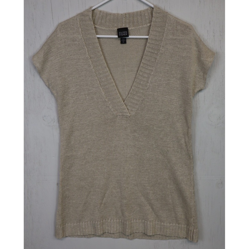 Eileen Fisher V-Neck Sweater Short Sleeve Vest Brown Taupe 100% Hemp Size XS